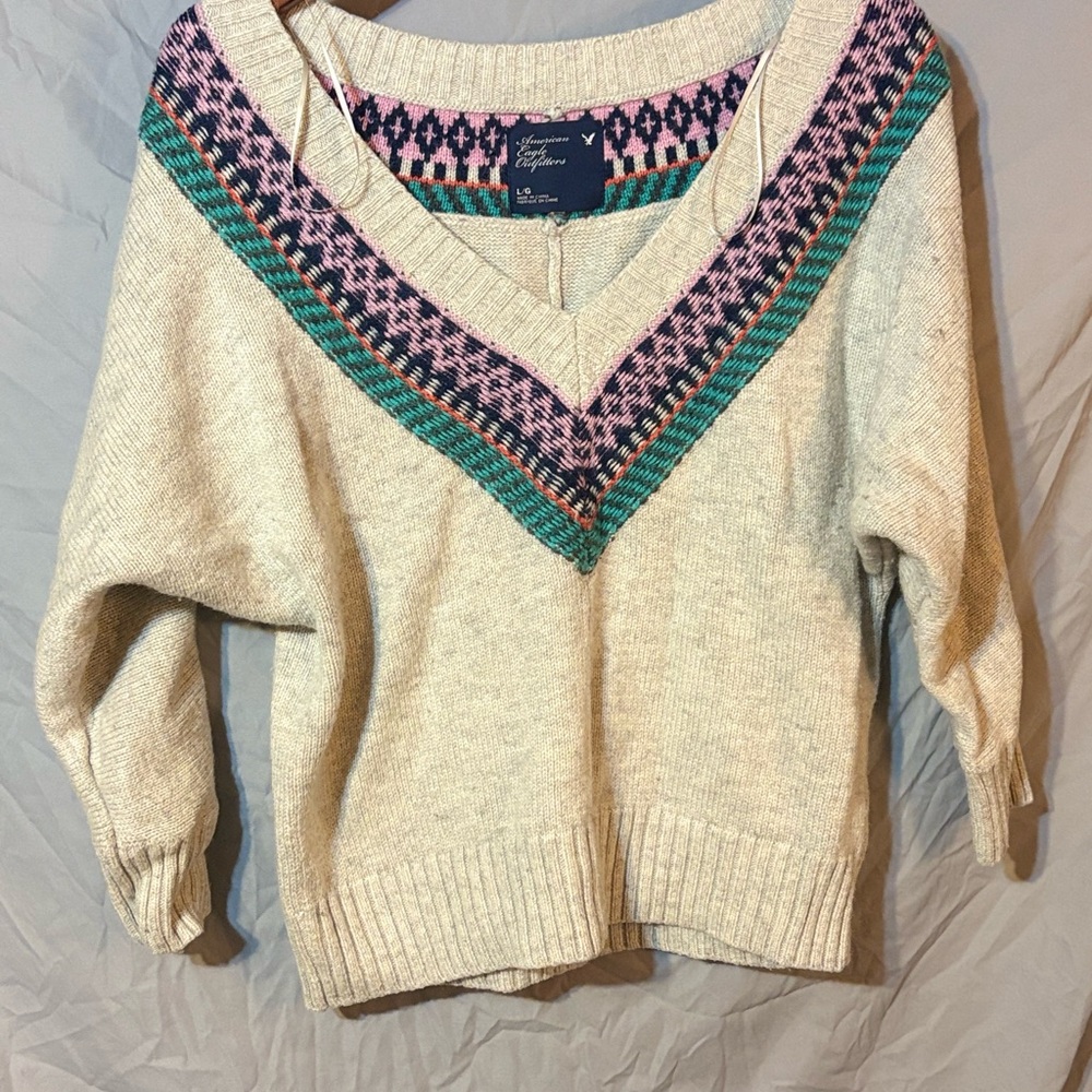 American Eagle Outfitters Cream V-Neck Sweater with Pink and Green Pattern